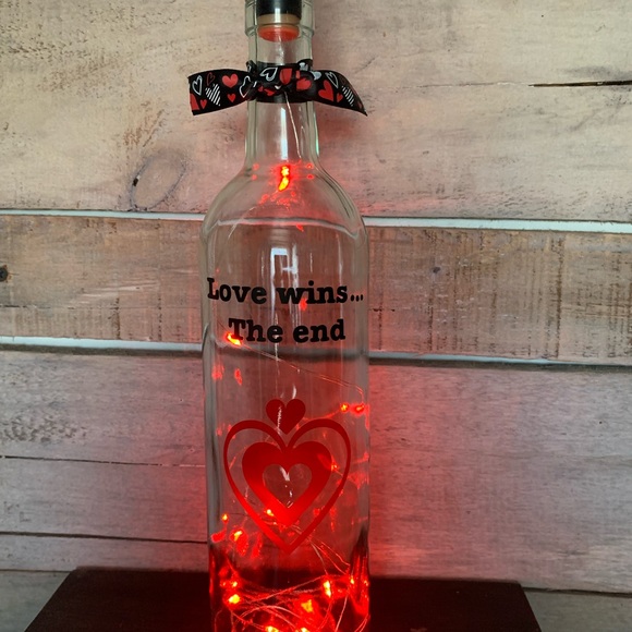 Hand Crafted- ‘Love Wins..’Red fairy light wine bottle lantern with die cut logo - Picture 3 of 9
